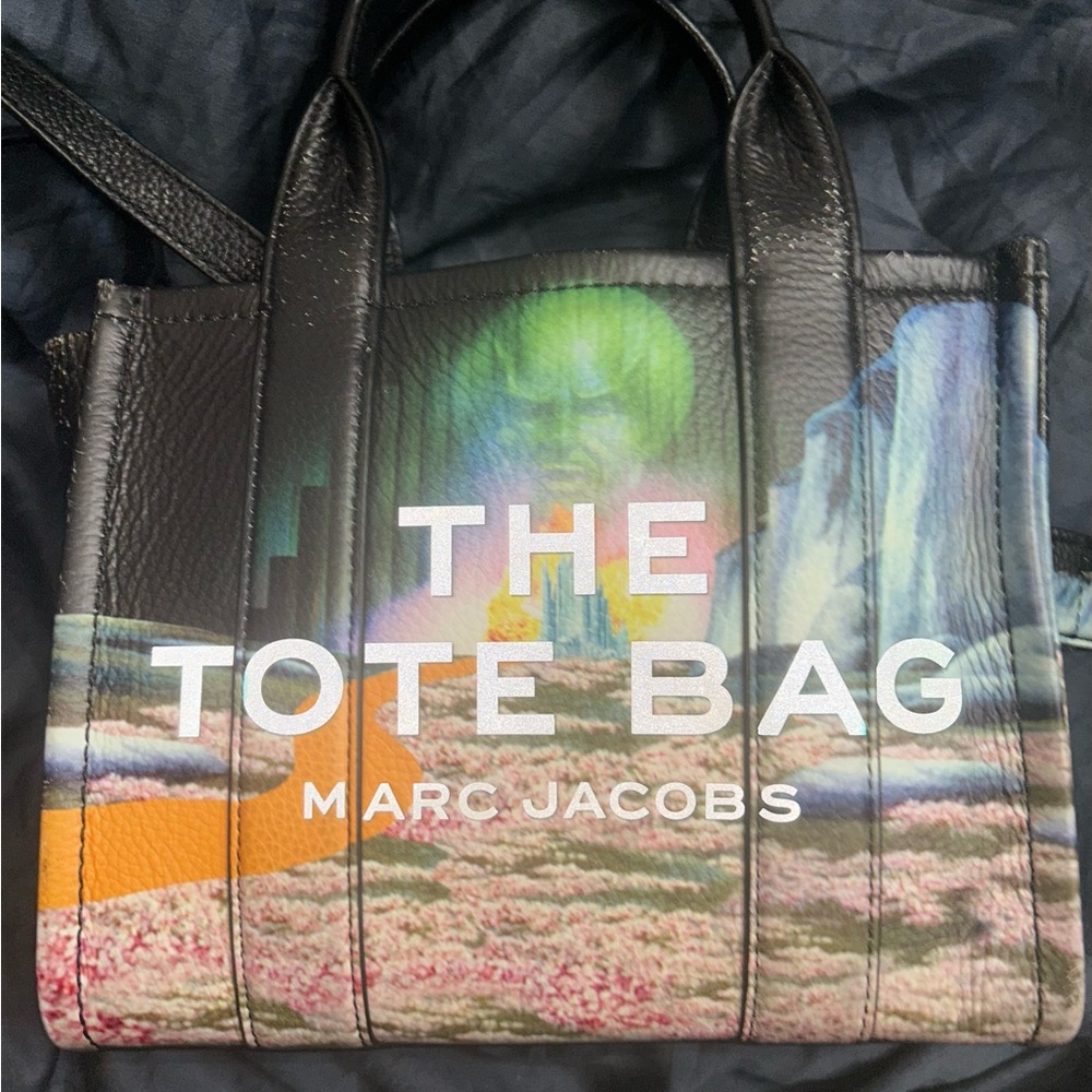 Marc Jacobs Black Multicolor Graphic 'THE TOTE BAG' Leather Shoulder Tote